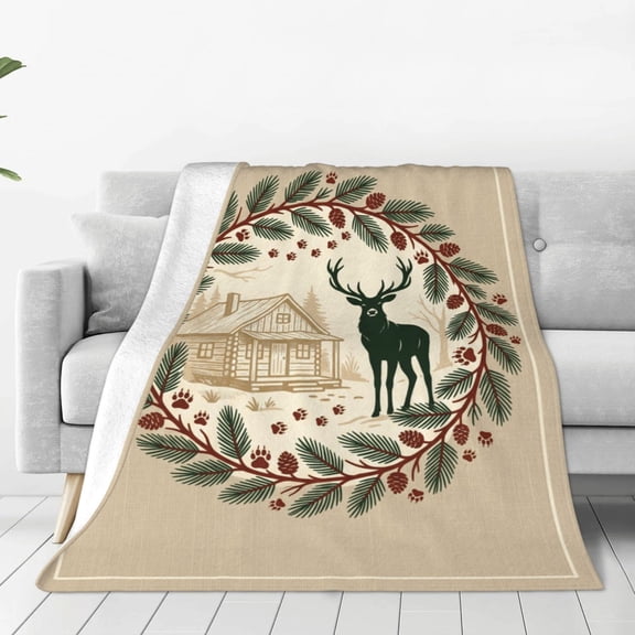 Hunting Blanket, Flannel Blanket with Patchwork Deer Design, Bed Couch Sofa Throw 50x40
