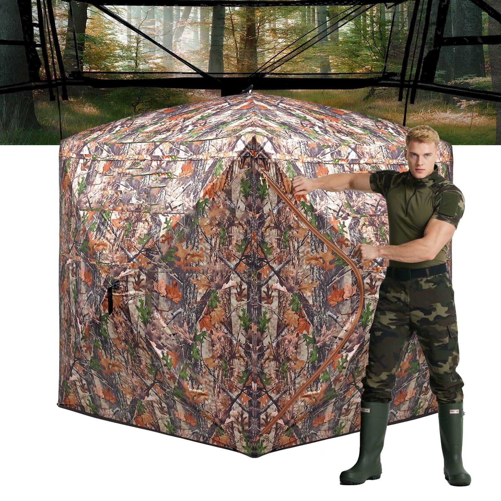 Hunting Blind 270 Degree See Through Ground Blind2/3 Person 300D Soft Material Pop-Up Camouflage TentEasy-Fold Portable Concealed Shelter with Carrying Bag