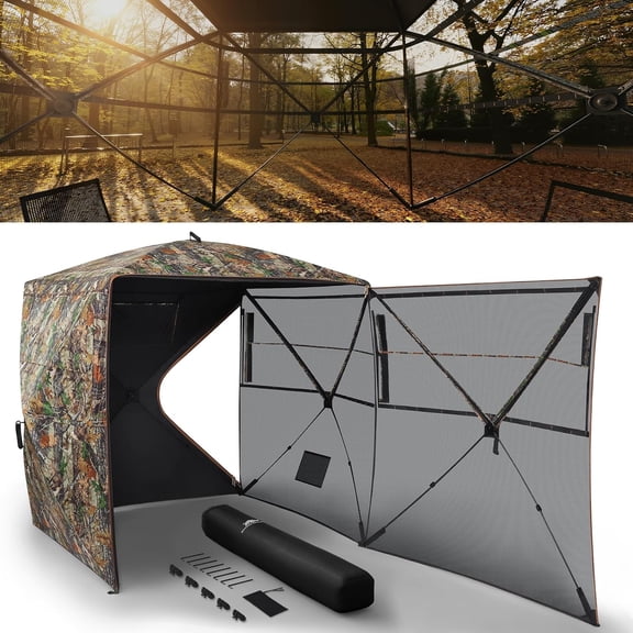 Hunting Blind 270/360 See Through, Pop Up Hunting Tent with Double Opening, 2/3/4 Person Portable Resilient Ground Blinds with Silent Magnetic Door & Sliding Windows