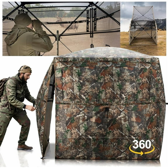 Hunting Blind 360 Degree See Through Ground Blind - 2-3 Person Pop Up Deer Blind with Carrying Bag - 300D Reinforced Turkey Hunting