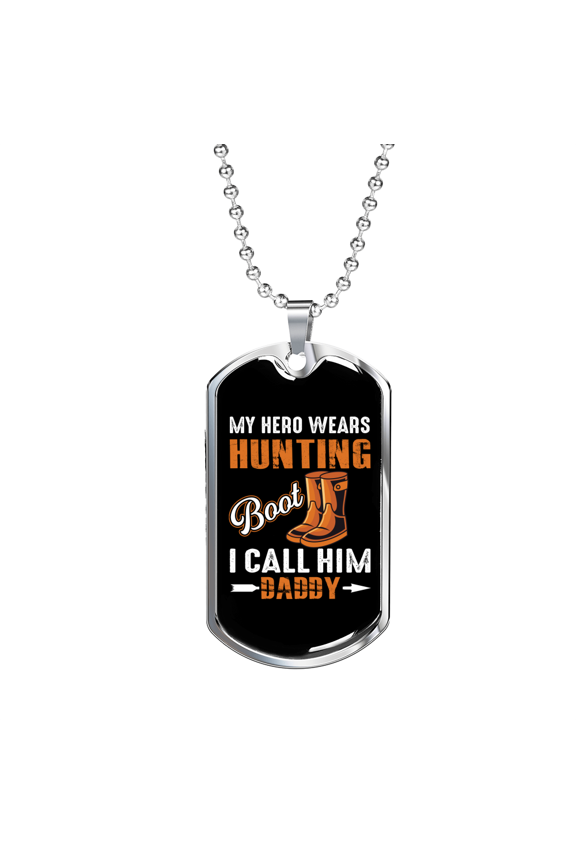 Hunting Boot Hero Dog Tag Necklace Stainless Steel 24" Chain Silver Tone or Gold Tone