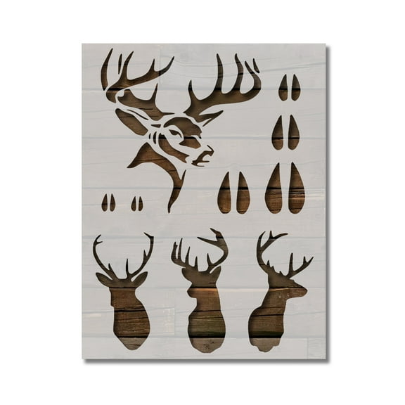 Hunting Buck Head Deer Tracks Stencil Template Reusable 8.5 x 11 for Painting on Walls, Wood, Etc. By Stencilville