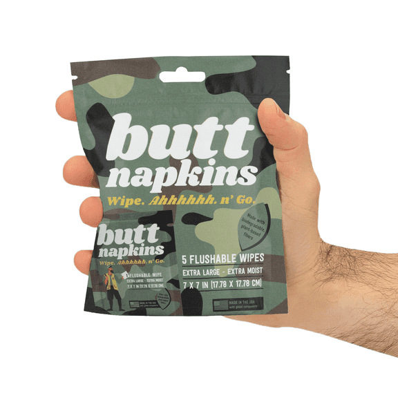 Hunting Butt Napkins, 5 Individually Wrapped, Water-Based Flushable Wipes, Unscented