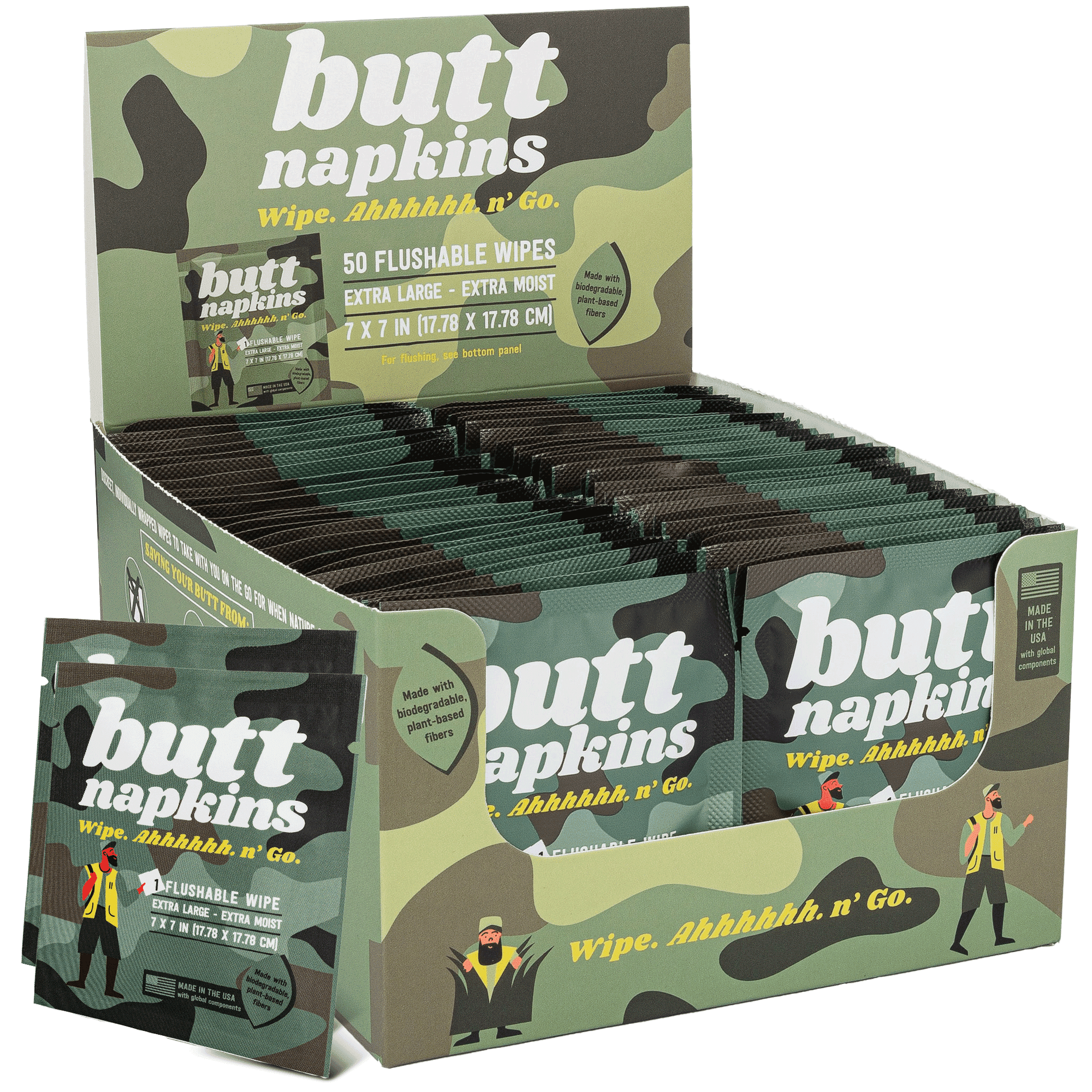 Hunting Butt Napkins, 50 Individually Wrapped, Water-Based Flushable Wipes, Unscented