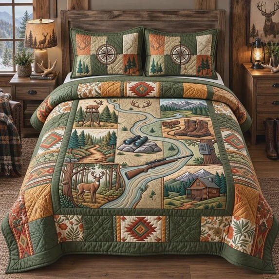 Hunting Cabin 3-Piece Quilted Bedding Set, Rustic Lodge Bedding ...