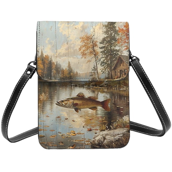 Hunting Cabin Fish Leaf Fishing Vintage Cell Phone Purse Small Crossbody Bag with Strap Credit Card Slots Leather Shoulder Wallet for Women