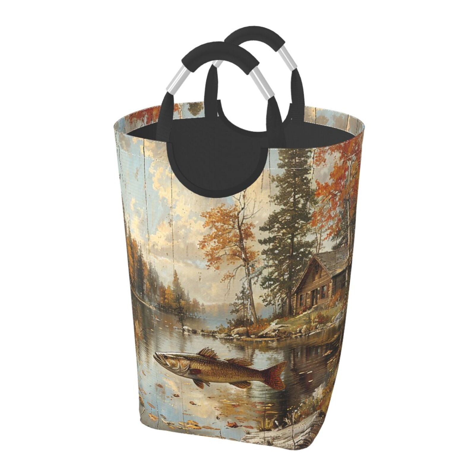 Hunting Cabin Fish Leaf Fishing Vintage Laundry Bag with Handle - Foldable Dirty Clothes Hamper Collapsible Storage Bin