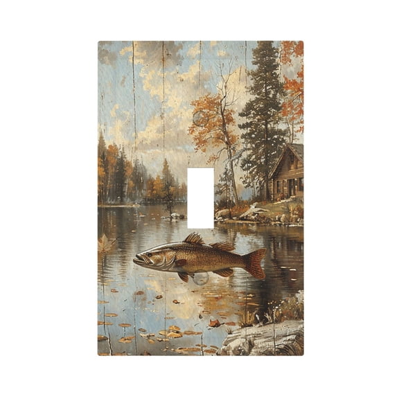 Hunting Cabin Fish Leaf Fishing Vintage Light Switch Cover Decorator Single Toggle Wall Plate 1-Gang Receptacle Outlet Decor