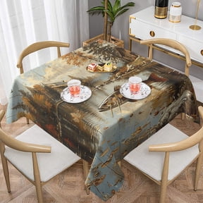 Hunting Cabin Fish Leaf Fishing Vintage Square Tablecloth 60x60 Waterproof Table Cover for Dining Table, Parties, Weddings, Picnics, Cafes