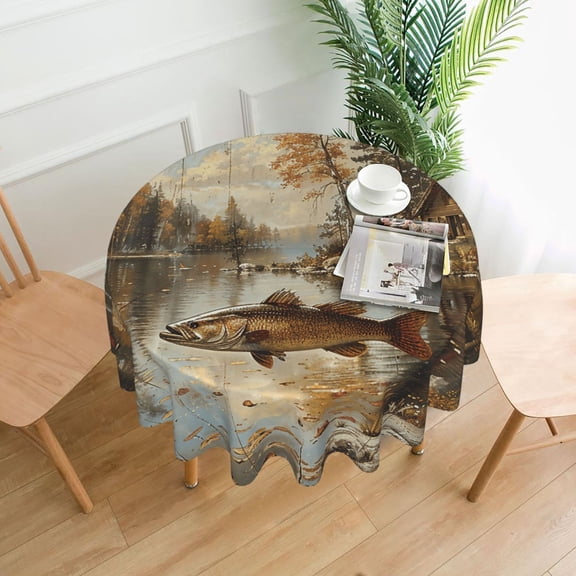 Hunting Cabin Fish Leaf Fishing Vintage Tablecloths Round 60 inch Fabric Table Cloth Cover for Dining Kitchen Wedding Party