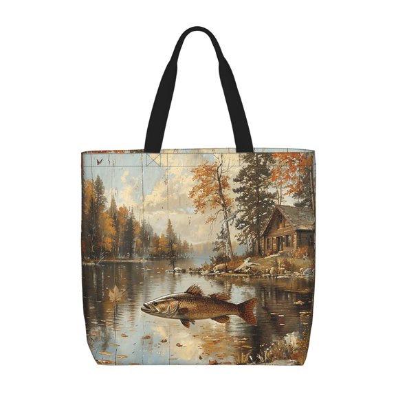 Hunting Cabin Fish Leaf Fishing Vintage Tote Bag Reusable Shoulder Handbag Top Handle Purse for Shopping Work