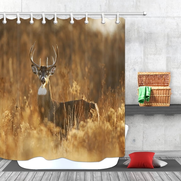 Hunting Camo Deer Shower Curtain for Bathroom, Whitetail Deer Fawn in Wilderness Bathroom Curtain, Polyester Fabric Bath Curtains with Hooks Washable 69W X 70L Inches