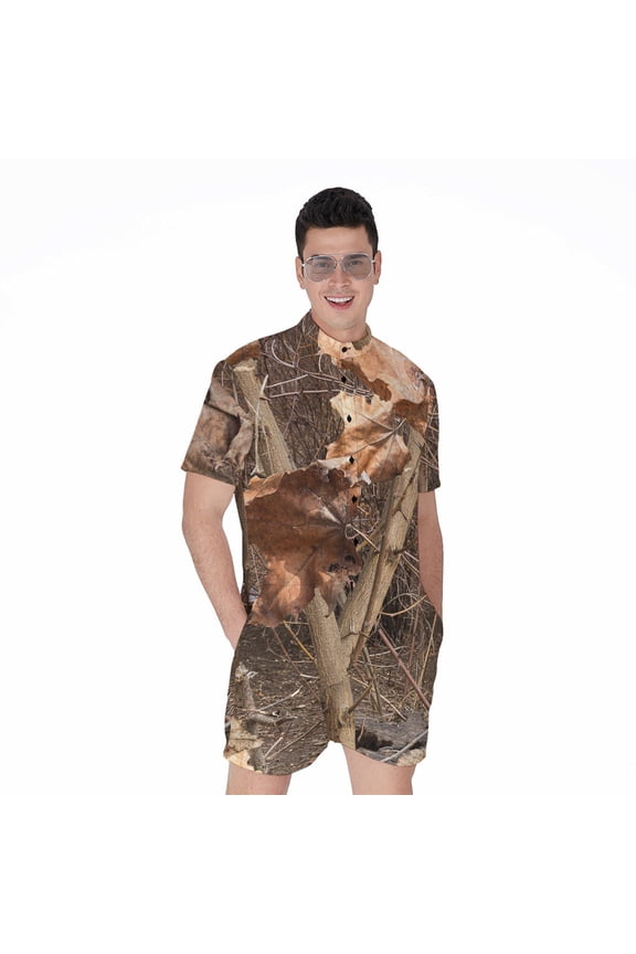 Hunting Camo Pattern Short Sleeve Men'S Rompers, Hunter Hunting Casual Summer Jumpsuits Outfit