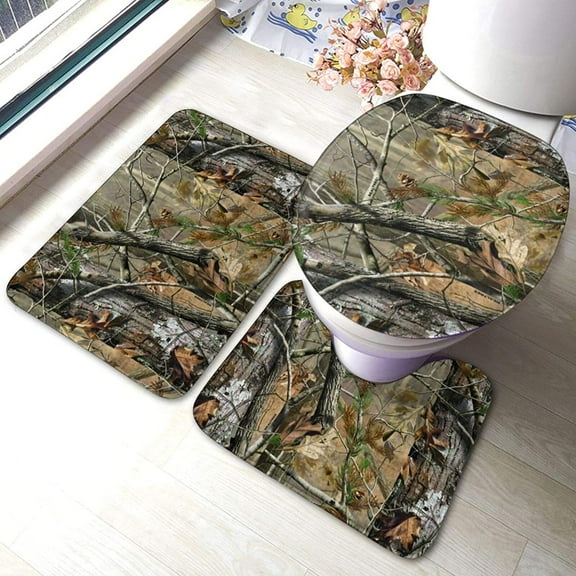 Hunting Camo Soft Bathroom Rugs Non Slip 3-Piece Bath Mat Set Super Absorbent Bath Rug + U-Shaped Contour Mat + Toilet Lid Cove