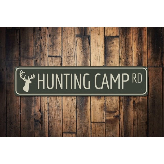 Hunting Camp Rd Sign Custom Lake House Street Sign Deer Hunter Road Gift Metal Buck Hunt Lake House Decor - Hunting Sign - Size: 16 x 4 Inches