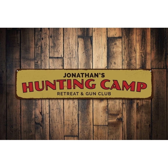 Hunting Camp Retreat & Gun Club Sign Hunters Name Sign Metal Lodge Decor Custom Man Cave Sign - Hunt Decor - Size: 16 x 4 Inches