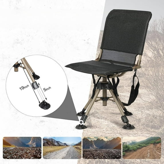 Hunting Chair 360 Degree Silent Swivel Folding Chair for Blinds, 2 Legs Adjustable Height Comfortable Stable Hunting Seats, Portable Ground Hunting Chair, 400LBS