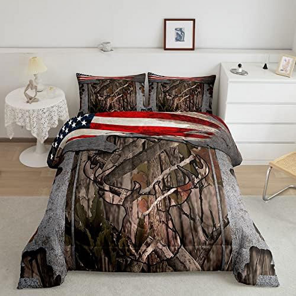 Hunting Comforter Set for Girls Boys American Flag Mallard Duck