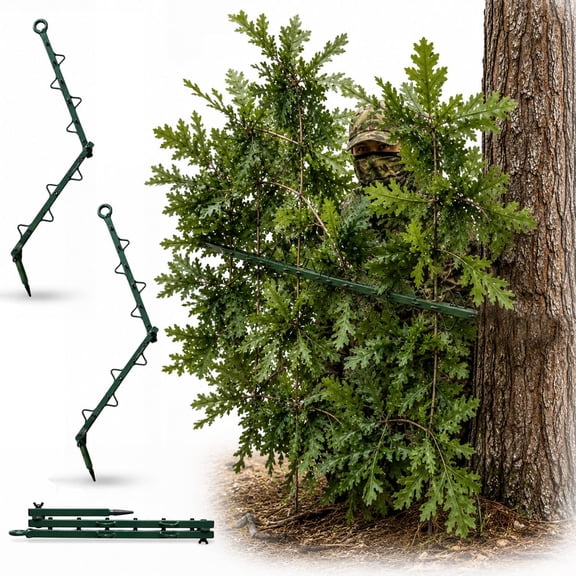 Hunting Concealment Branch Stand, Camouflage Branch Screening Holder with Realistic Oak Leaf Foliage, Tree Stand Blind Cover Camo Screen, Fast Setup Ground Tree Mount for Deer Turkey Hunting