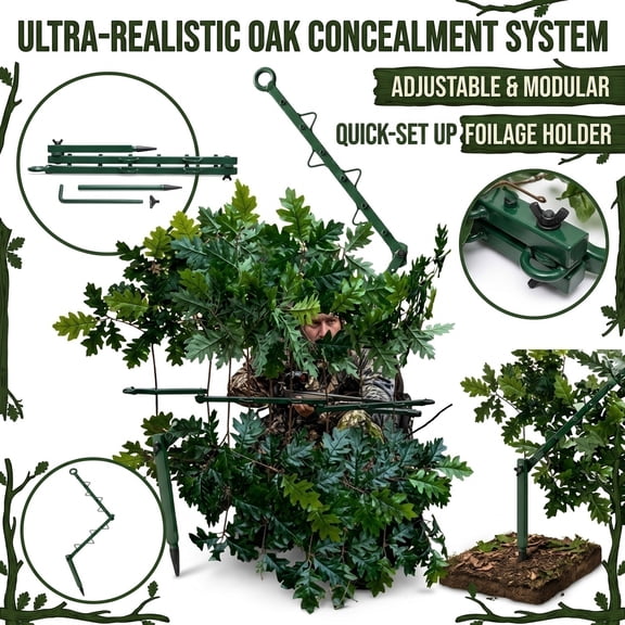 Hunting Concealment Tree Branch Stands, Camouflage Branch Bracket With Realistic Oak Leaves Portable Tree Camo Accessories Adjustable Multi-Hook Camo Strap For Deer Turkey