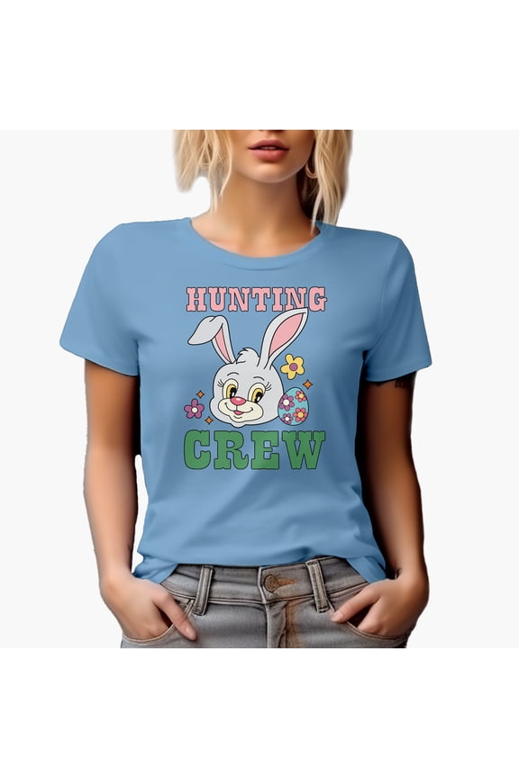 Hunting Crew with Bunny Head & Easter Egg Art Favor, Souvenir or Merch Gift, Baby Blue T-Shirt, Medium