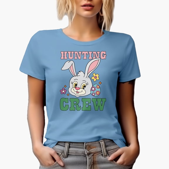Hunting Crew with Bunny Head & Easter Egg Art Favor, Souvenir or Merch Gift, Baby Blue T-Shirt, Medium
