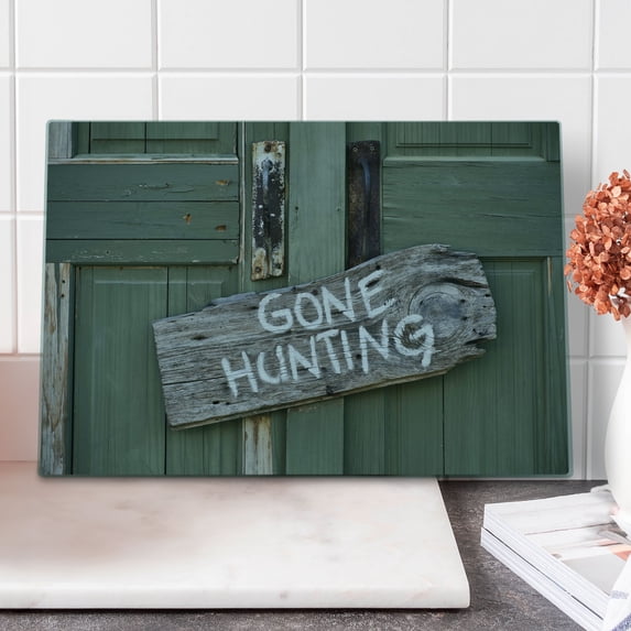 Hunting Cutting Board, Gone Hunting Written on Wooden Board Old Worn out Cottage Door Seasonal Hobby Fun, Decorative Tempered Glass Cutting and Serving Board, Large Size, Multicolor, by Ambesonne