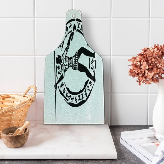 Hunting Cutting Board, Person with Lance Hunting Folklore Circle, Decorative Tempered Glass Cutting and Serving Board, Wine Bottle Shape, Black White, by Ambesonne