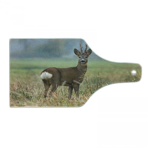 Hunting Cutting Board, Roe Deer Male Capreolus Western European Wildlife Fauna Flora Meadow Field Grass, Tempered Glass Cutting and Serving Board, Wine Bottle Shape, Multicolor, by Ambesonne