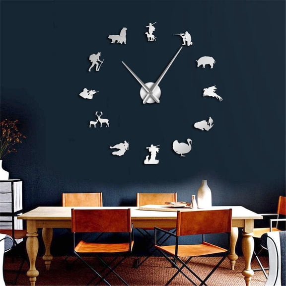 Hunting DIY Giant Wall Clocks Animal Hunters Exclusive Big Time Clock Watch Hunting Club Wall Decor Mirror Effect DIY Wall Art(Silver,27inch)