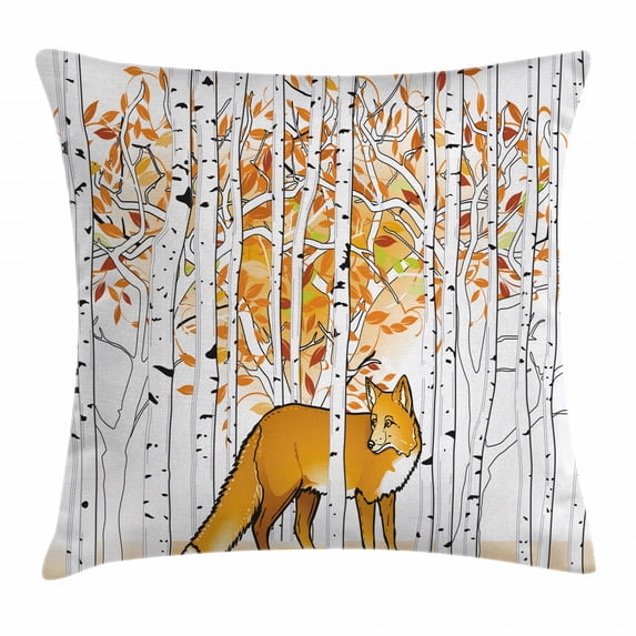Hunting Decor Throw Pillow Cushion Cover, Fox Hunting in Autumn Forest Birch Trees Rustic Wilderness Animal, Decorative Square Accent Pillow Case, 24 X 24 Inches, Orange White Black, by Ambesonne