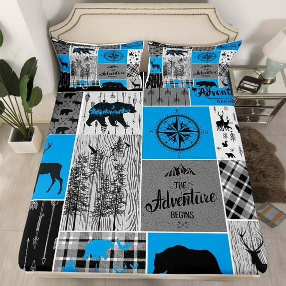 Hunting Deer Bear Bed Sheets , Retro Rustic Farmhouse Fitted Sheet Cabin Lodge Decor, Vintage Woodland Animal Bedding Set Twin, Adventure Camping Patchwork Sheets, 1 Pillow Case
