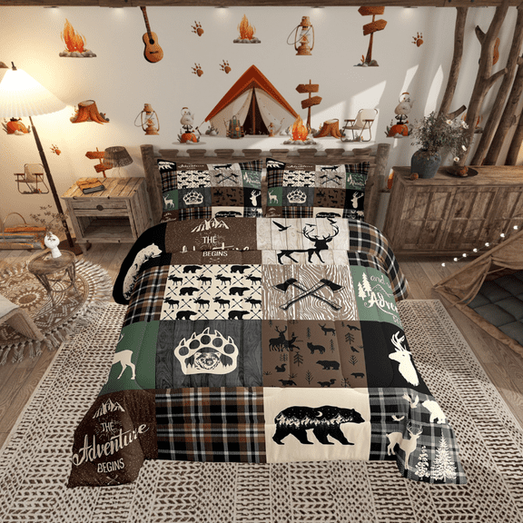 Hunting Deer Bear Bedding Sets, Rustic Farmhouse Comforter Set Cabin Decor, Vintage Buffalo Plaid Patchwork Quilt Country Forest Wild Animal Down Comforter Full Teens Adult, Brown