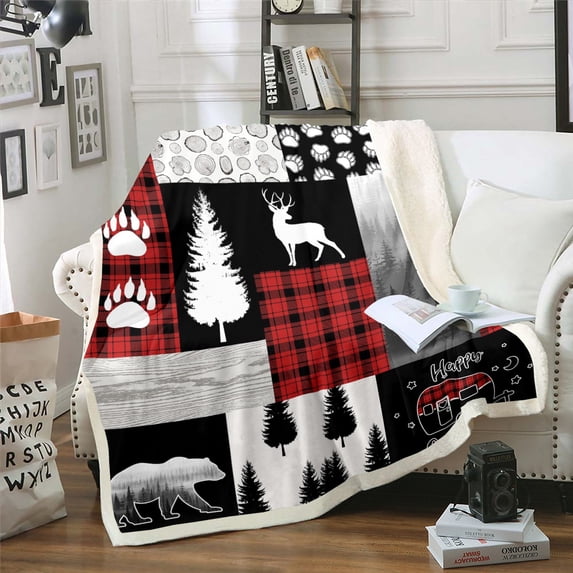 Hunting Deer Bear Blanket Red Black Buffalo Plaid Rustic Cabin Throw Blanket for RV Camper,Woodland Wildlife Patchwork Fleece Blanket,Cowboy Farmhouse Style Pine Tree Barn Door Fuzzy Blanket 60"x80"