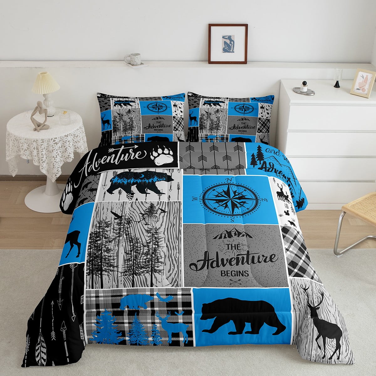 Hunting Deer Bear Comforter Set For Boys, Retro Rustic Farmhouse