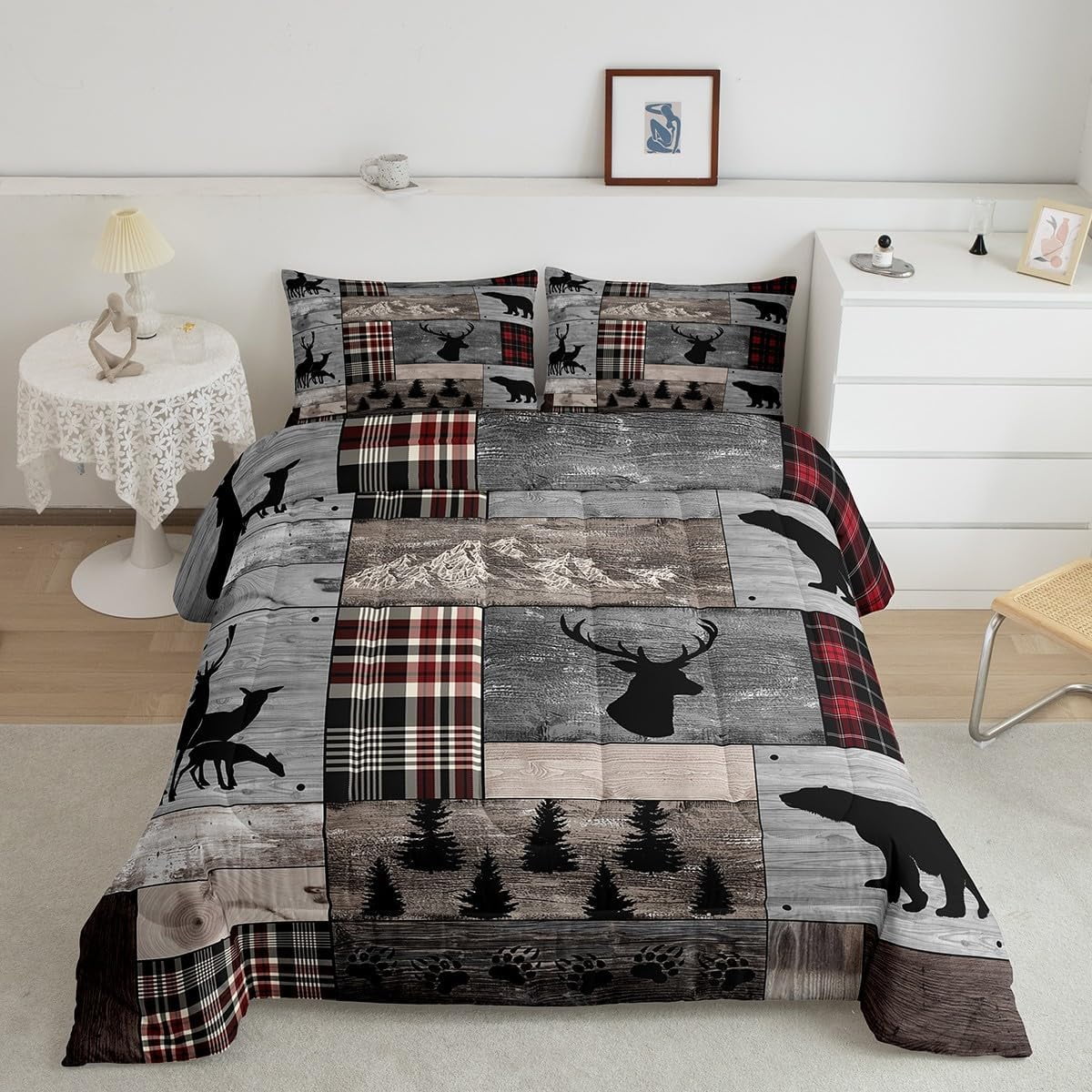 Hunting Deer Bear Comforter Set Twin, Rustic Elk Woodland Animal