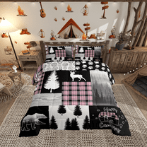 Hunting Deer Bear Comforter Set Twin,Woodland Animal Rustic Cabin Bedding Set ,Pink Buffalo Plaid Patchwork Down Comforter RV Camping Decor,Cowboy Jungle Pine Tree Quilt