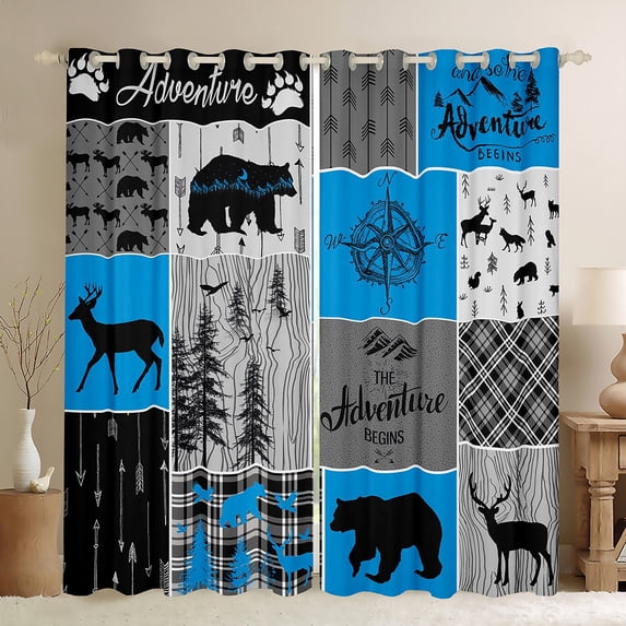 Hunting Deer Bear Curtains & Drapes, Retro Rustic Farmhouse Curtains Cabin Lodge Decor, Vintage Woodland Animal Blackout Curtains Adventure Camping Patchwork Window Curtains 42"Wx63"L