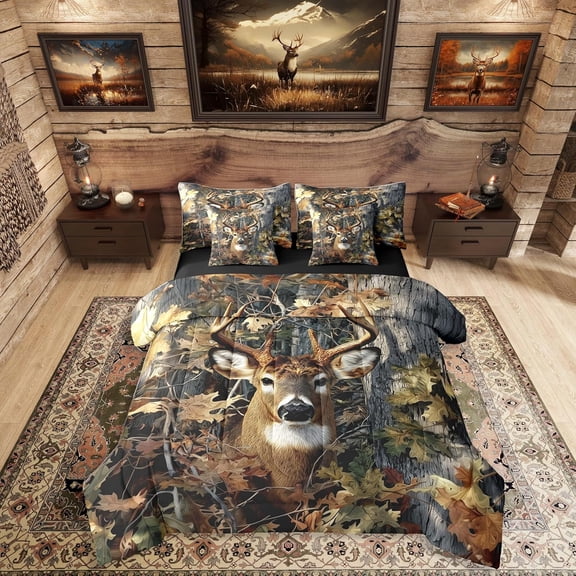Hunting Deer Bedding Set 7-Piece for Men Deer Camo Comforter Set with Sheets Full Size Camo Animal Bed Sets Rural Rustic Bed in A Bag with Comforter,Sheets,Pillowcases & Cushion Covers