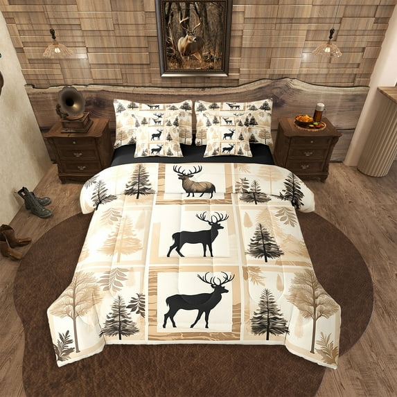 Hunting Deer Bedding Set Full Size 7 Pcs,Rustic Cabin Lodge Bed in a Bag with Flat Fitted Sheet,Vintage Elk Moose Antlers Comforter Set with Pillowcase and Sham,Woodland Bed Sheets Set