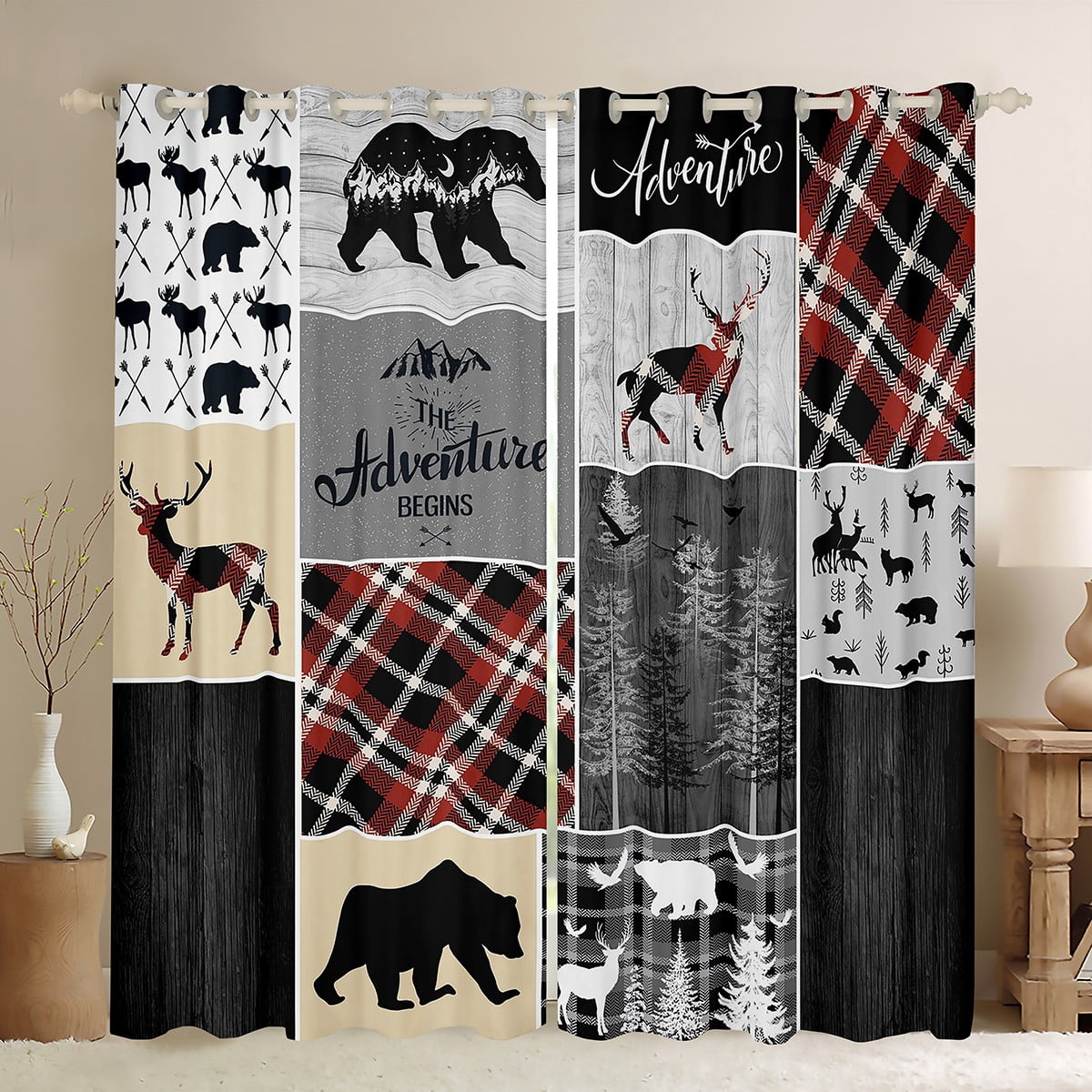 Rustic Plaid Elk Blackout Curtains – Hunting Theme, Room Darkening, 2 Panels 54x42 Inches, Rod Pocket, Farmhouse Style
