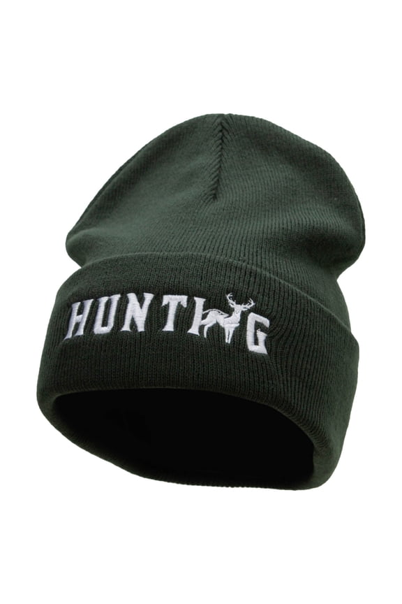 Hunting Deer Embroidered 12 Inch Long Knitted Beanie - Olive OSFM