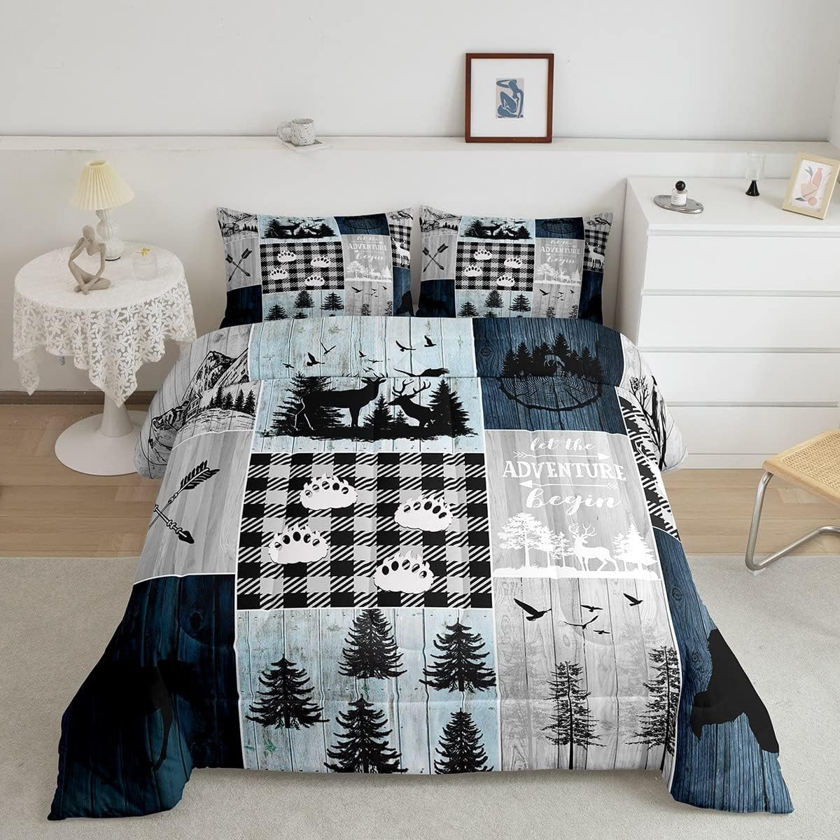 Hunting Deer Moose Duvet Insert, Bear Claw Wildlife Comforter Set For