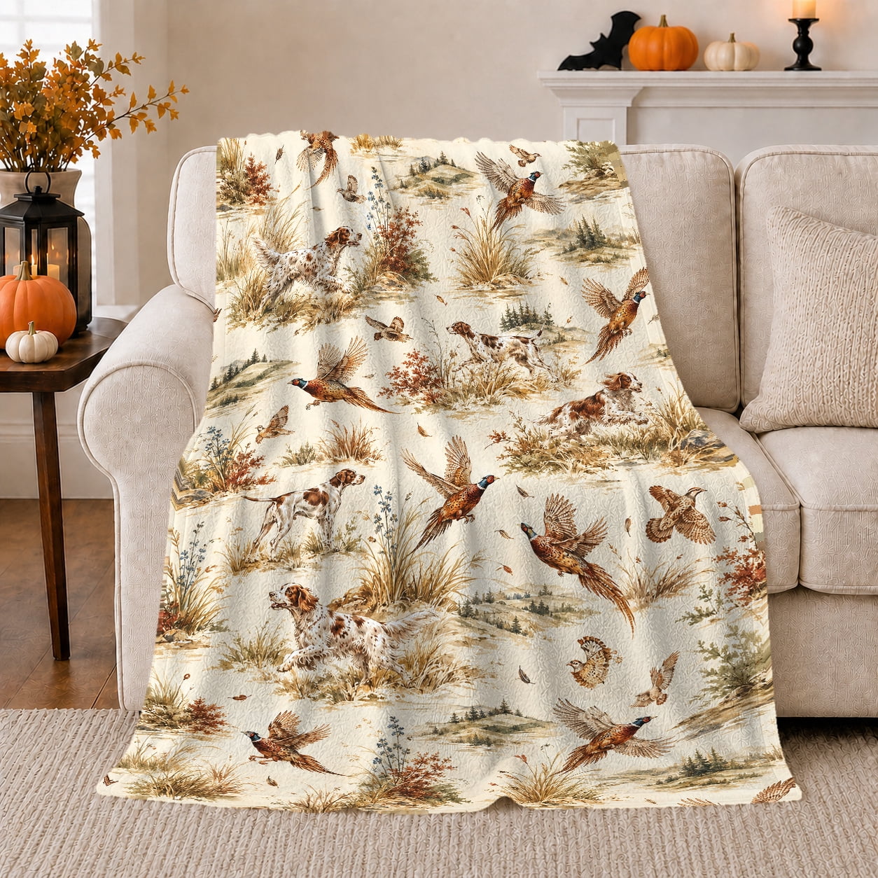 Hunting Dogs Patterns Hunting Dogs Pheasants Rustic Field Scene, Cozy Pet Portrait Pattern ...