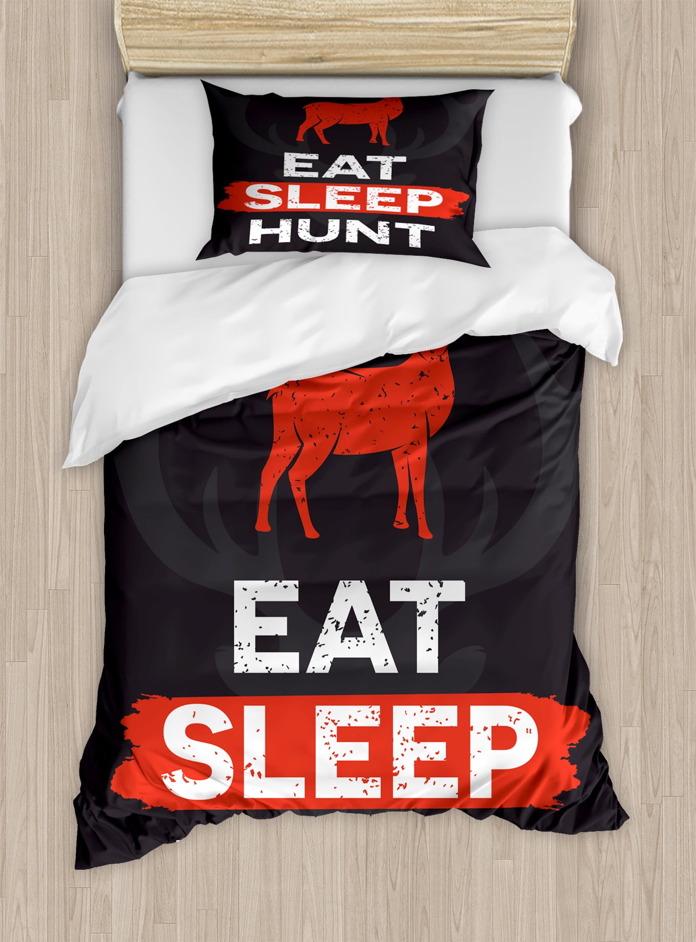 Hunting Duvet Cover Set, Eat Sleep Hunt Inspirational Words Grunge