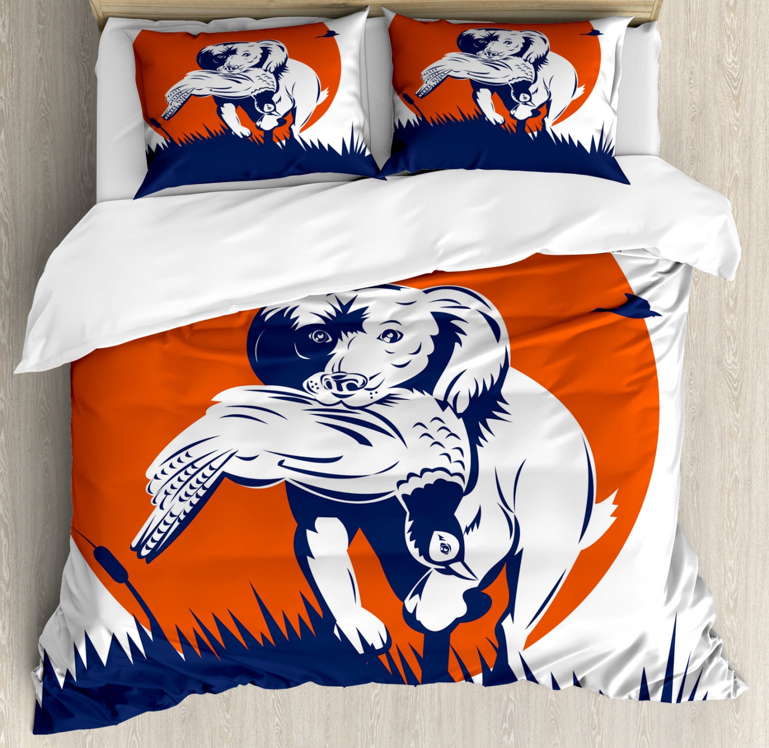 Hunting Duvet Cover Set King Size, Cocker Spaniel Breed Dog Retrieving