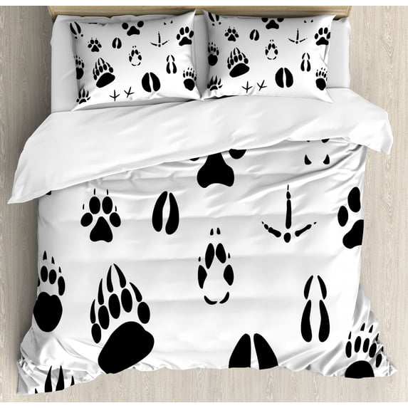 Hunting Duvet Cover Set King Size, Wildlife Animal Footprints and Hooves Claw Silhouettes Ecology Nature Theme, Decorative 3 Piece Bedding Set with 2 Pillow Shams, Black and White, by Ambesonne