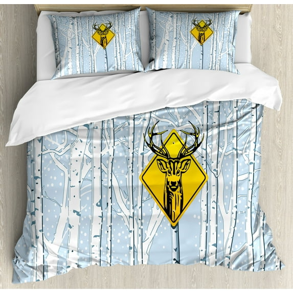 Hunting Duvet Cover Set Queen Size, Attention Deer in The Woods with Warning Sign Leafless Trees Winter Illustration, Decorative 3 Piece Bedding Set with 2 Pillow Shams, Multicolor, by Ambesonne