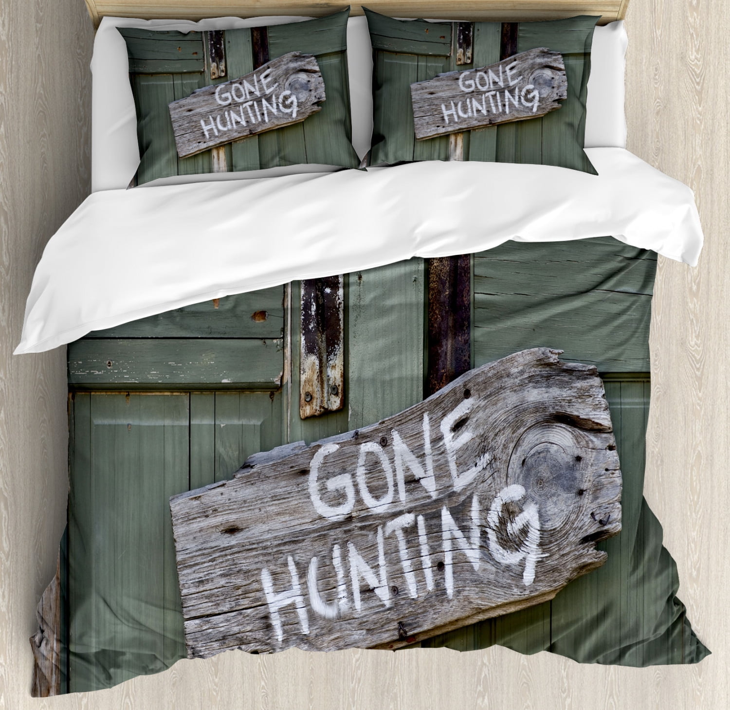 Gone Hunting Rustic Green and Brown Queen Duvet Cover Set