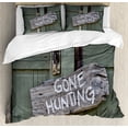 thumbnail image 1 of Hunting Duvet Cover Set Queen Size, Gone Hunting Written on Wooden Board Old Worn Out Cottage Door Seasonal Hobby Fun, Decorative 3 Piece Bedding Set with 2 Pillow Shams, Multicolor, by Ambesonne, 1 of 3